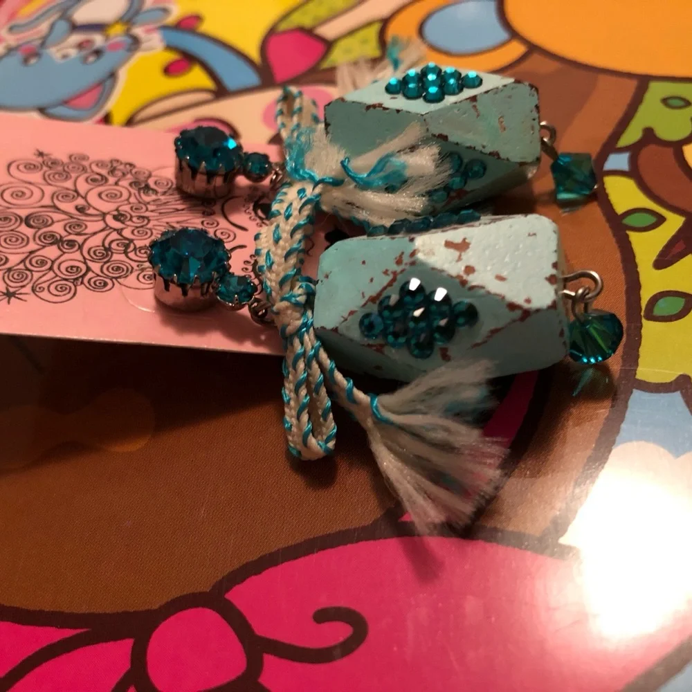 Tilt-a-Whirl Midnight CiRcUs ribbon Swarovski crystals wood beads earrings